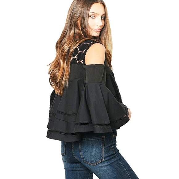 Cold Shoulder Bell Sleeve Lace Ruffle Blouse Top - Picture 3 of 8